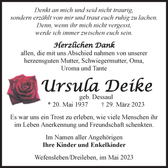 Traueranzeige von Ursula Deike von Volksstimme Oschersleben/Wanzleben