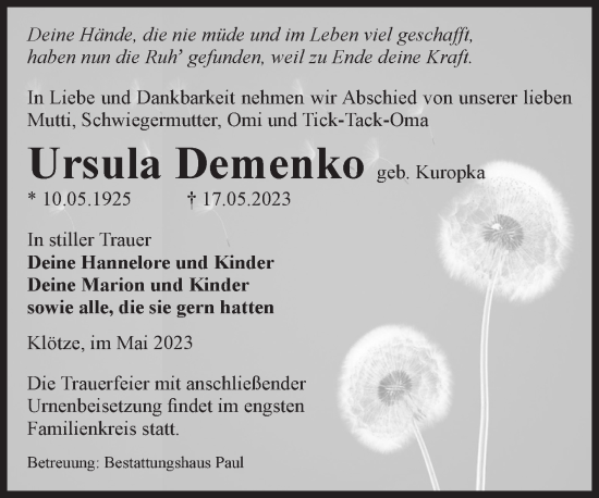 Traueranzeige von Ursula Demenko von Volksstimme Altmark West