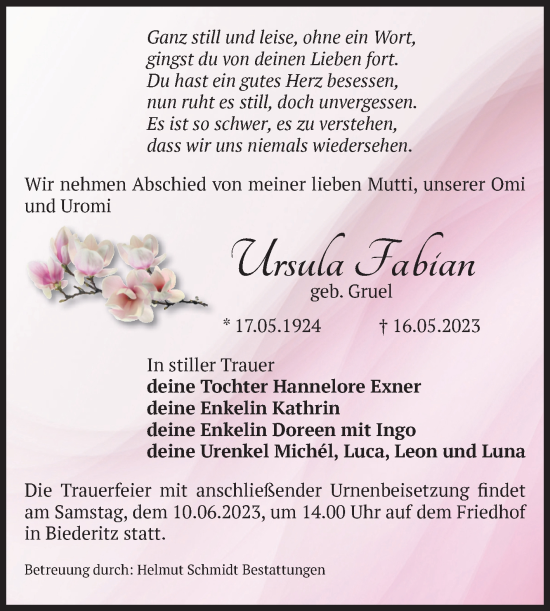 Traueranzeige von Ursula Fabian von Volksstimme Burg/Genthin