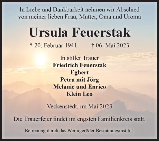 Traueranzeige von Ursula Feuerstak von Volksstimme Wernigerode