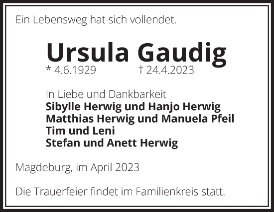 Traueranzeige von Ursula Gaudig von Volksstimme Magdeburg