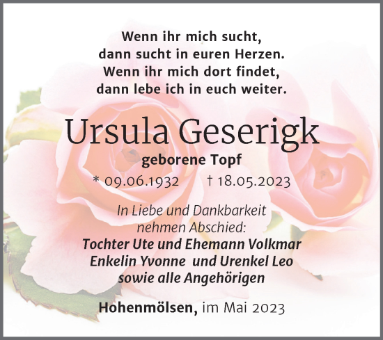 Traueranzeige von Ursula Geserigk von Trauerkombi Weißenfels