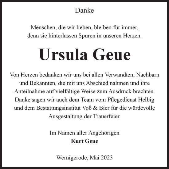 Traueranzeige von Ursula Geue von Volksstimme Wernigerode