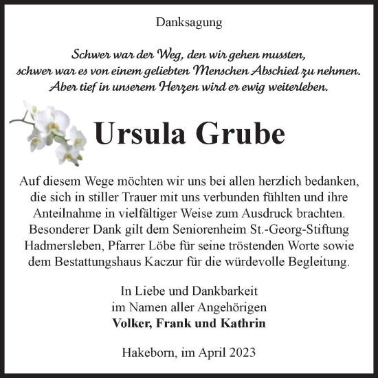 Traueranzeige von Ursula Grube von Volksstimme Staßfurt