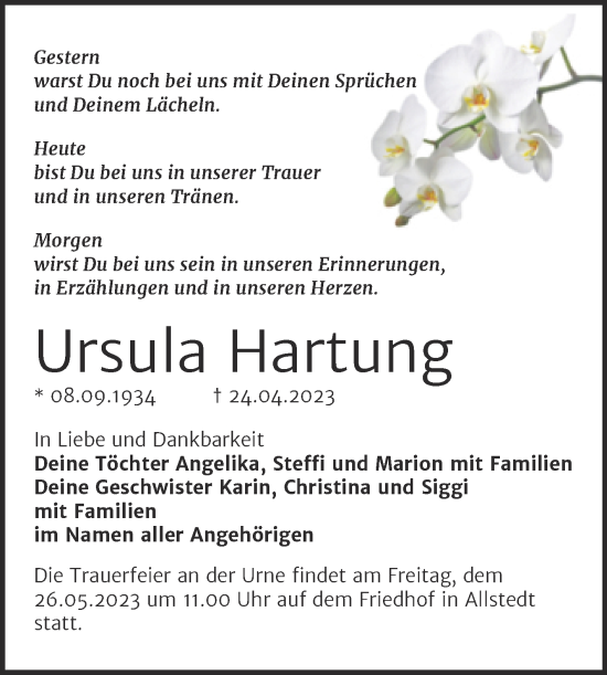 Traueranzeige von Ursula Hartung von Trauerkombi Sangerhausen