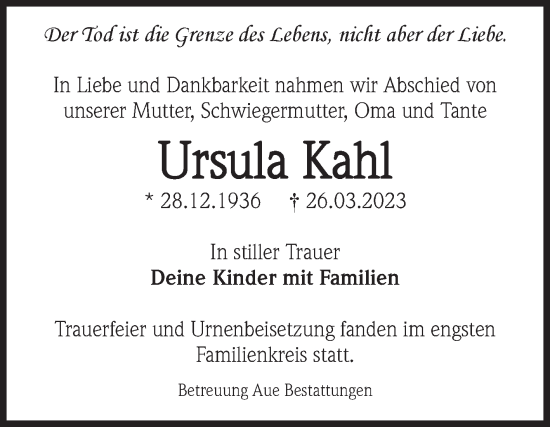 Traueranzeige von Ursula Kahl von Volksstimme Magdeburg