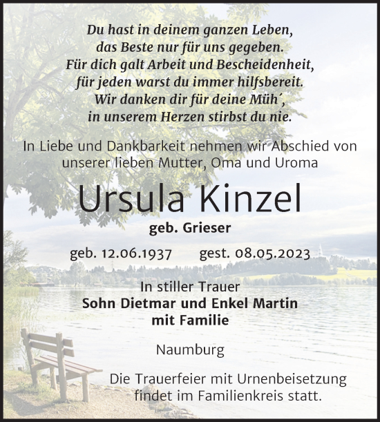 Traueranzeige von Ursula Kinzel von Wochenspiegel Naumburg/Nebra