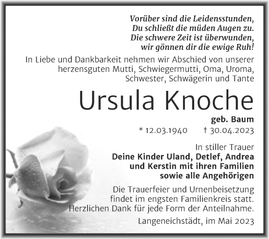 Traueranzeige von Ursula Knoche von Trauerkombi Merseburg
