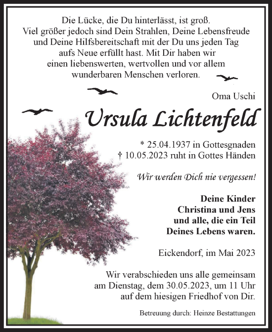 Traueranzeige von Ursula Lichtenfeld von Volksstimme Schönebeck