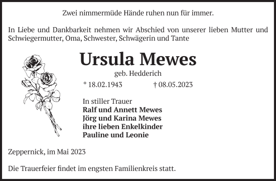 Traueranzeige von Ursula Mewes von Volksstimme Burg/Genthin