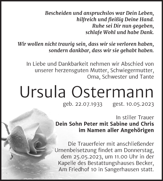 Traueranzeige von Ursula Ostermann von Trauerkombi Sangerhausen
