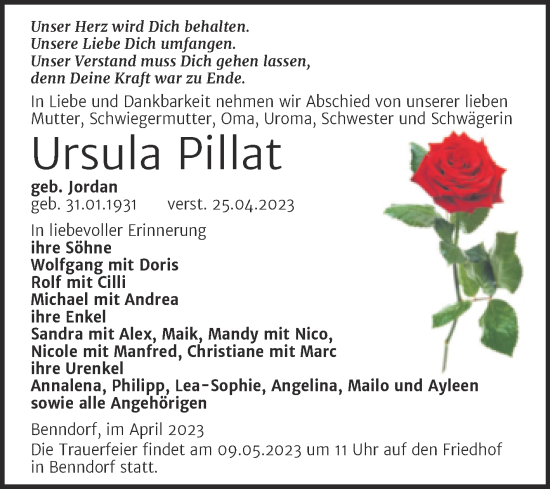 Traueranzeige von Ursula Pillat von Trauerkombi Mansfelder Land