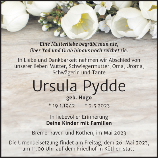 Traueranzeige von Ursula Pydde von Trauerkombi Köthen