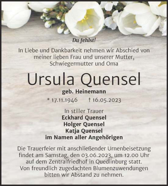 Traueranzeige von Ursula Quensel von Trauerkombi Quedlinburg
