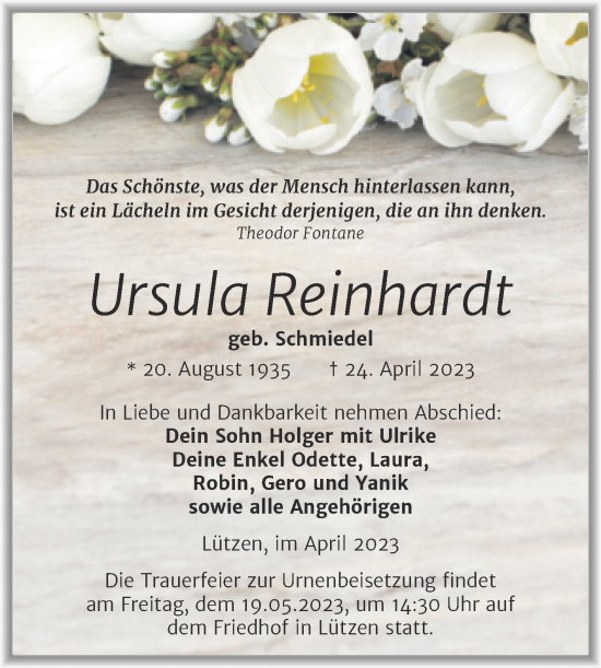 Traueranzeige von Ursula Reinhardt von Trauerkombi Weißenfels