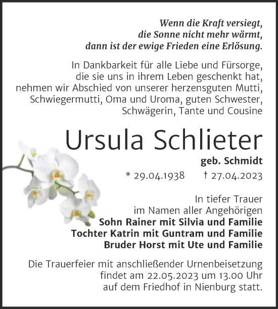 Traueranzeige von Ursula Schlieter von Trauerkombi Bernburg