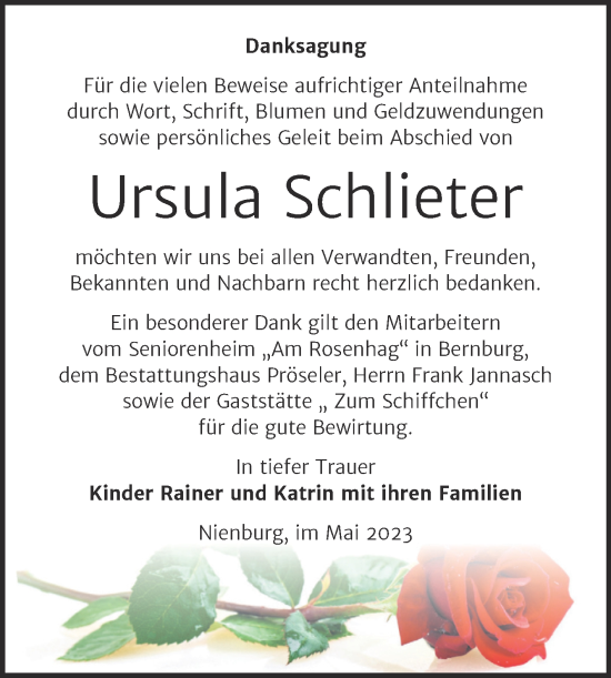 Traueranzeige von Ursula Schlieter von Trauerkombi Bernburg