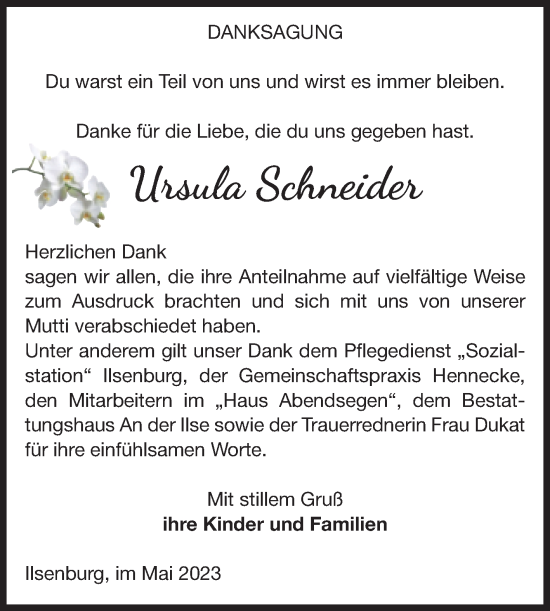 Traueranzeige von Ursula Schneider von Volksstimme Wernigerode