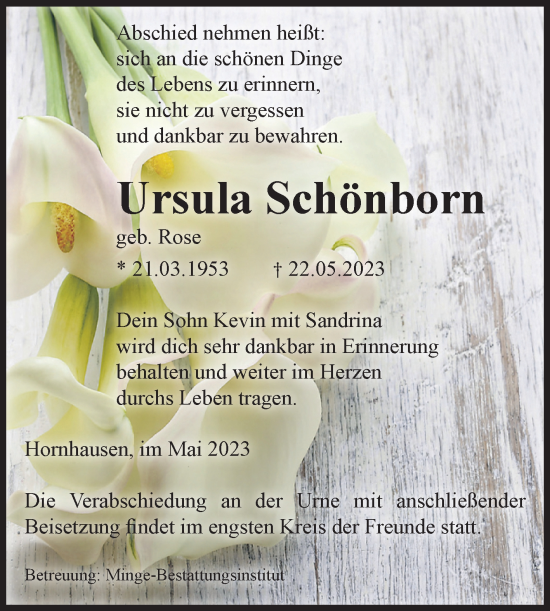 Traueranzeige von Ursula Schönborn von Volksstimme Oschersleben/Wanzleben