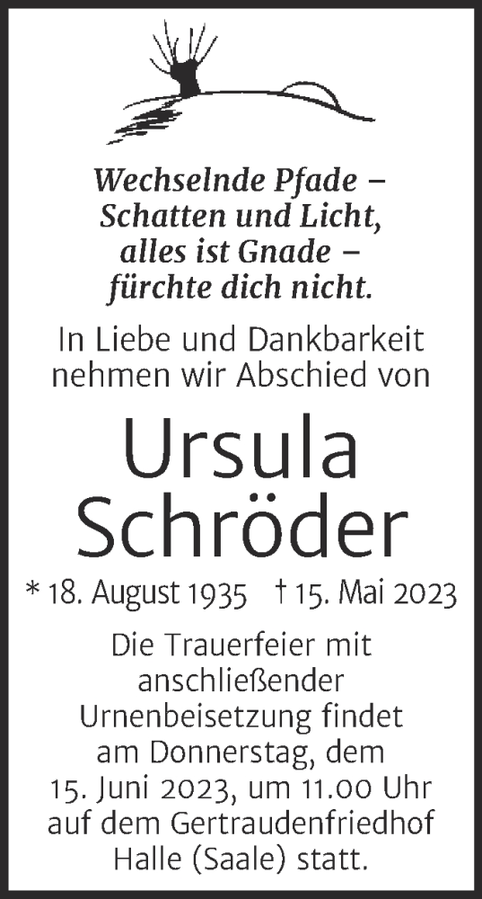 Traueranzeige von Ursula Schröder von Mitteldeutsche Zeitung Halle/Saalkreis