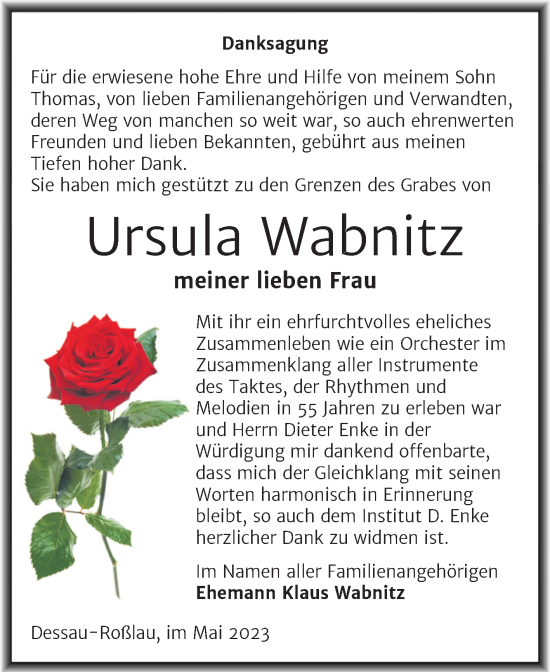 Traueranzeige von Ursula Wabnitz von Trauerkombi Dessau