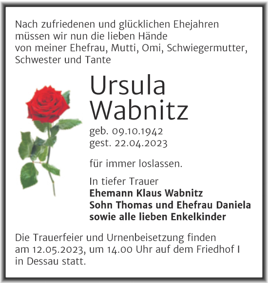 Traueranzeige von Ursula Wabnitz von Trauerkombi Dessau