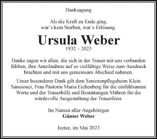 Traueranzeige von Ursula Weber von Volksstimme Altmark Ost