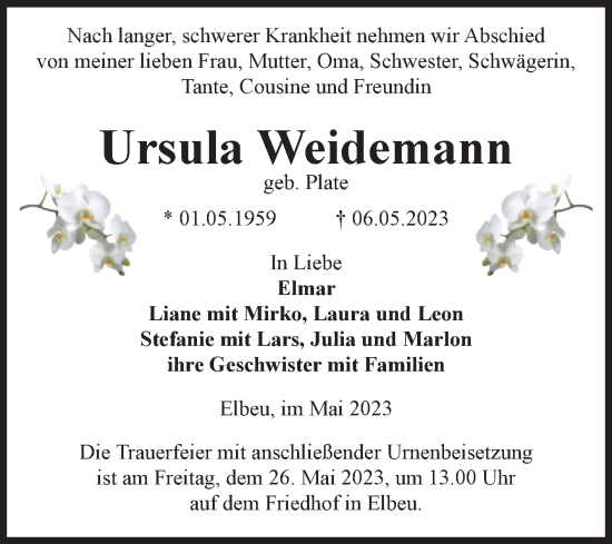 Traueranzeige von Ursula Weidemann von Volksstimme Haldensleben/Wolmirstedt