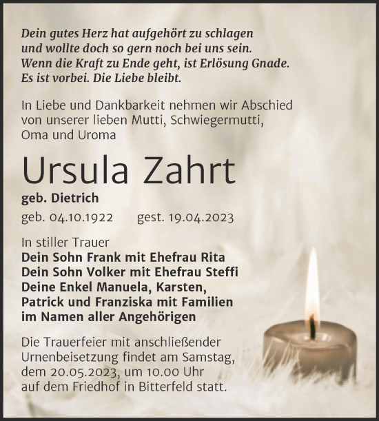Traueranzeige von Ursula Zahrt von Trauerkombi Bitterfeld