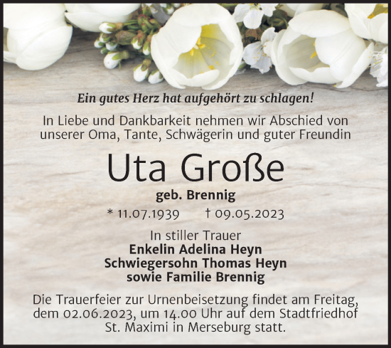 Traueranzeige von Uta Große von Trauerkombi Merseburg