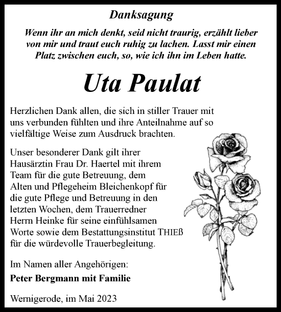 Traueranzeige von Uta Paulat von Volksstimme Wernigerode