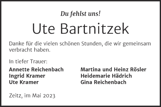 Traueranzeige von Ute Bartnitzek von Trauerkombi Zeitz