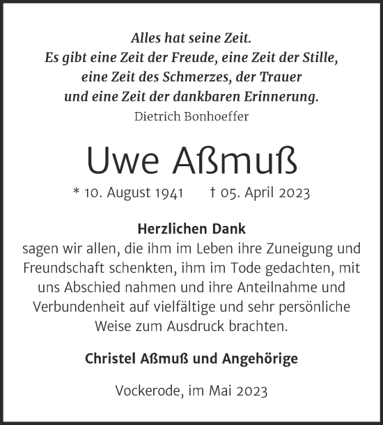 Traueranzeige von Uwe Aßmuß von Trauerkombi Wittenberg