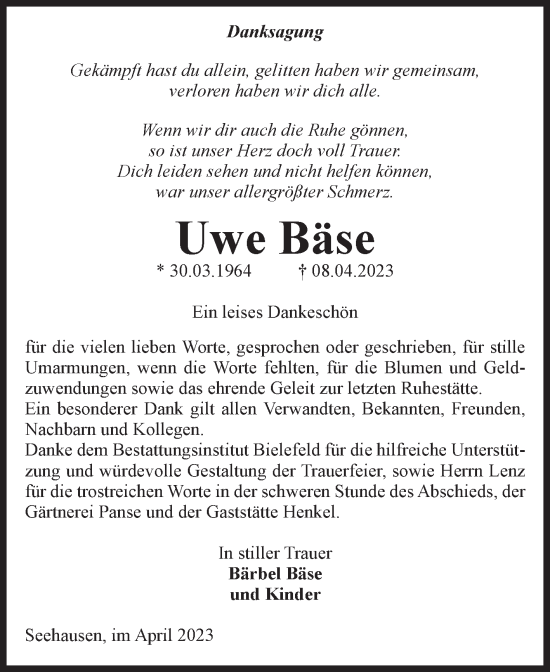 Traueranzeige von Uwe Bäse von Volksstimme Altmark Ost