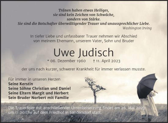 Traueranzeige von Uwe Judisch von Trauerkombi Bitterfeld
