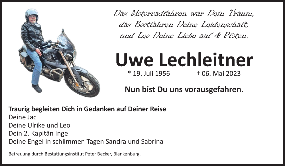  Traueranzeige für Uwe Lechleitner vom 20.05.2023 aus Volksstimme Wernigerode