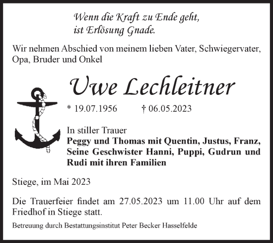 Traueranzeige von Uwe Lechleitner von Volksstimme Wernigerode