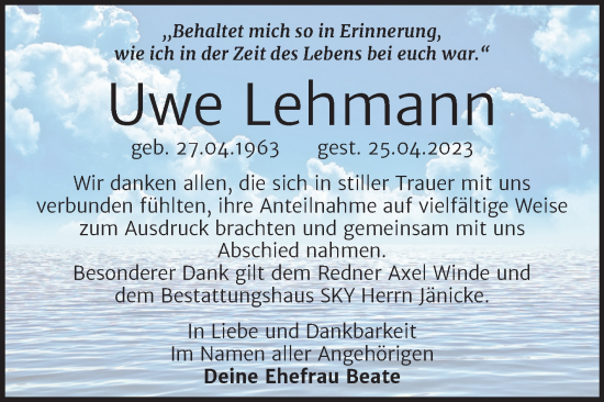 Traueranzeige von Uwe Lehmann von Trauerkombi Wittenberg