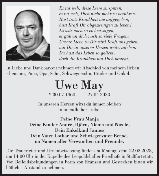 Traueranzeige von Uwe May von Volksstimme Staßfurt