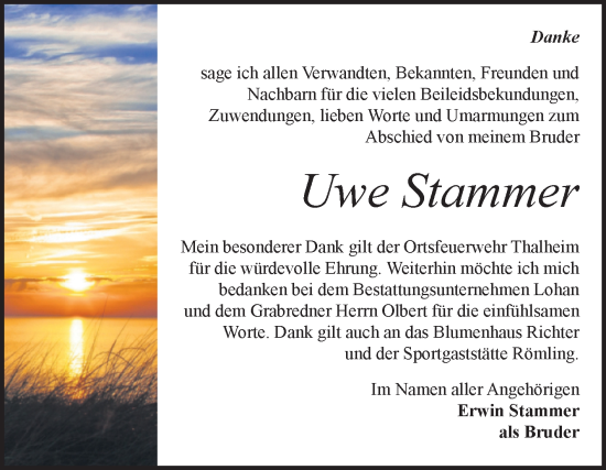 Traueranzeige von Uwe Stammer von Trauerkombi Bitterfeld