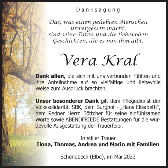 Traueranzeige von Vera Kral von Volksstimme Schönebeck