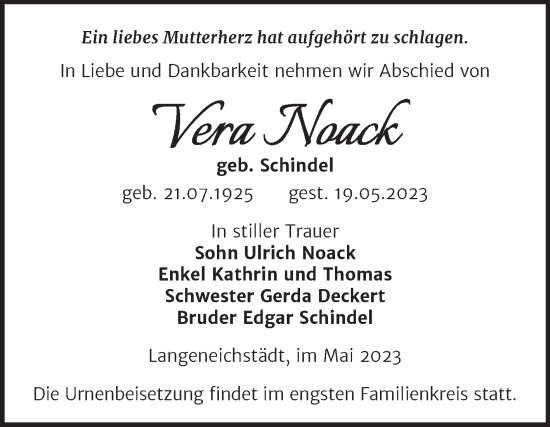 Traueranzeige von Vera Noack von Trauerkombi Merseburg