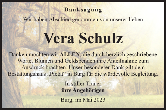 Traueranzeige von Vera Schulz von Volksstimme Burg/Genthin