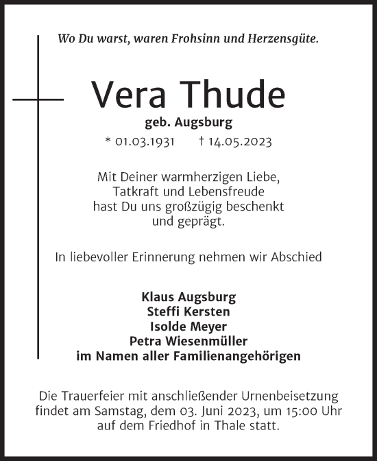 Traueranzeige von Vera Thude von Trauerkombi Quedlinburg