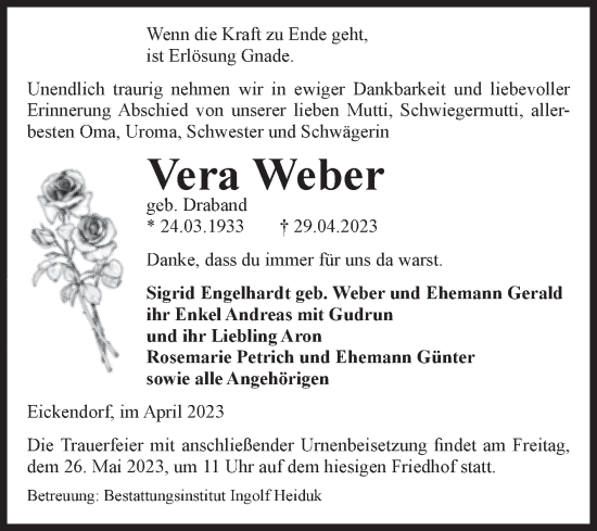 Traueranzeige von Vera Weber von Volksstimme Schönebeck
