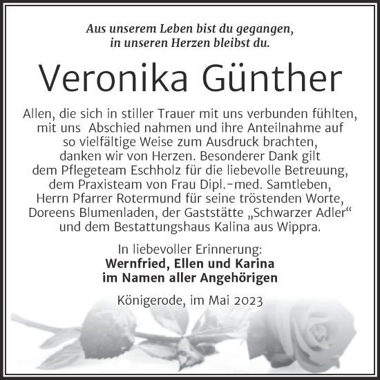 Traueranzeige von Veronika Günther von Trauerkombi Quedlinburg