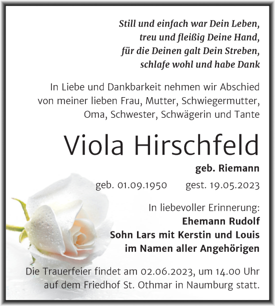 Traueranzeige von Viola Hirschfeld von Naumburger Tageblatt