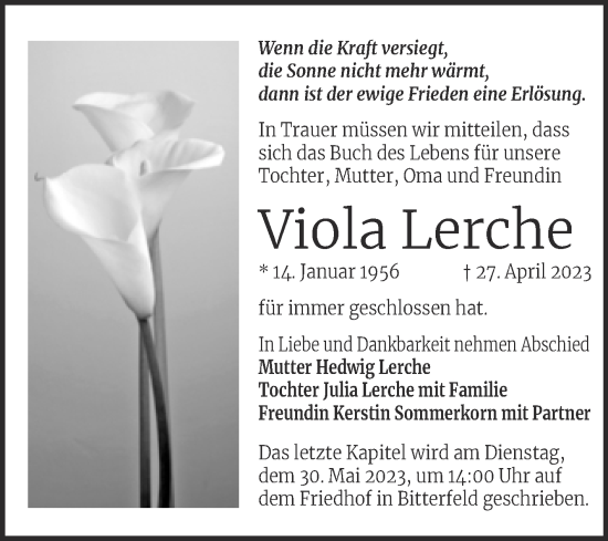 Traueranzeige von Viola Lerche von Trauerkombi Köthen