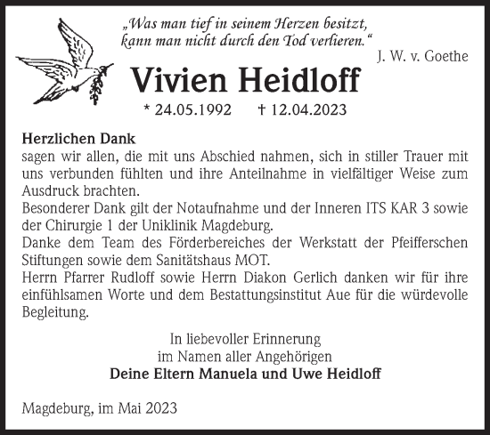 Traueranzeige von Vivien Heidloff von Volksstimme Magdeburg