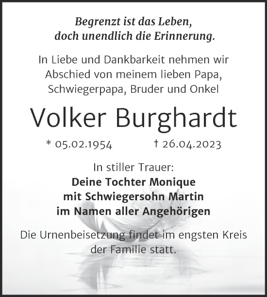 Traueranzeige von Volker Burghardt von Trauerkombi Bitterfeld